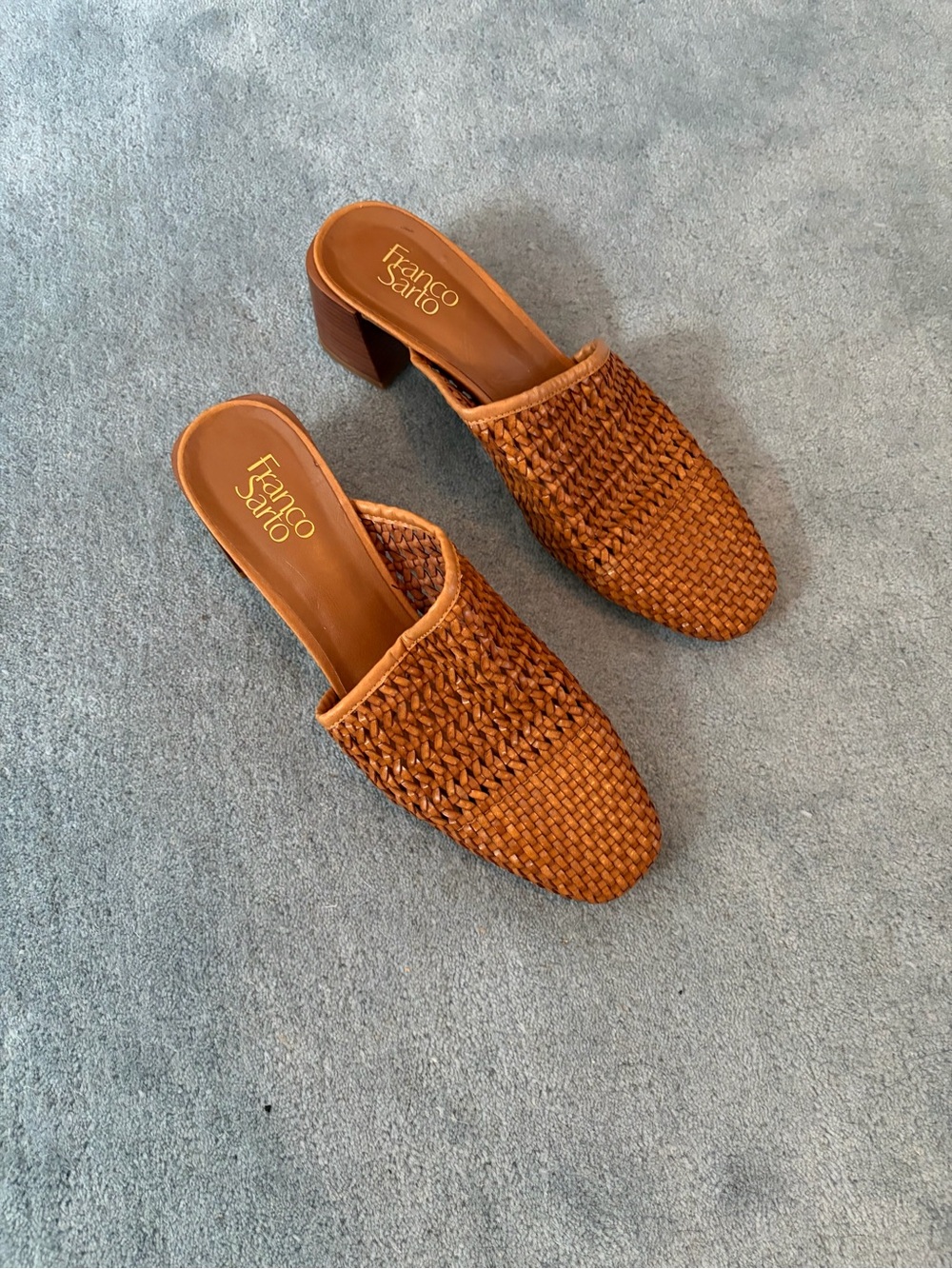 Franco Sarto woven leather mules with block heel, size 9
